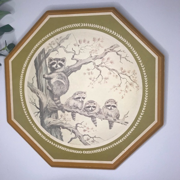 Raccoon Mama and Babies Vintage Print on Wood - Picture 2 of 4